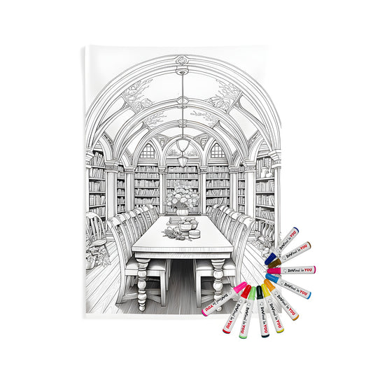 Indoor Wall Tapestries featuring a detailed illustration of a library study with arched ceiling and bookshelves, perfect for home decor