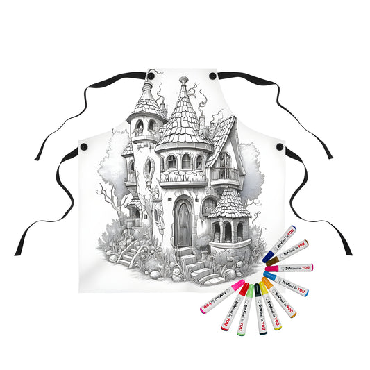 Enchanted House Apron featuring an intricate black and white drawing of a fairy tale scene