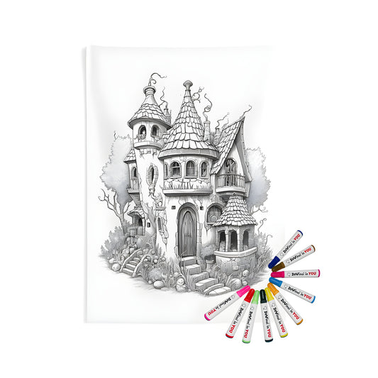 Intricate black-and-white cottage house design printed on indoor wall tapestry, perfect for a cozy room