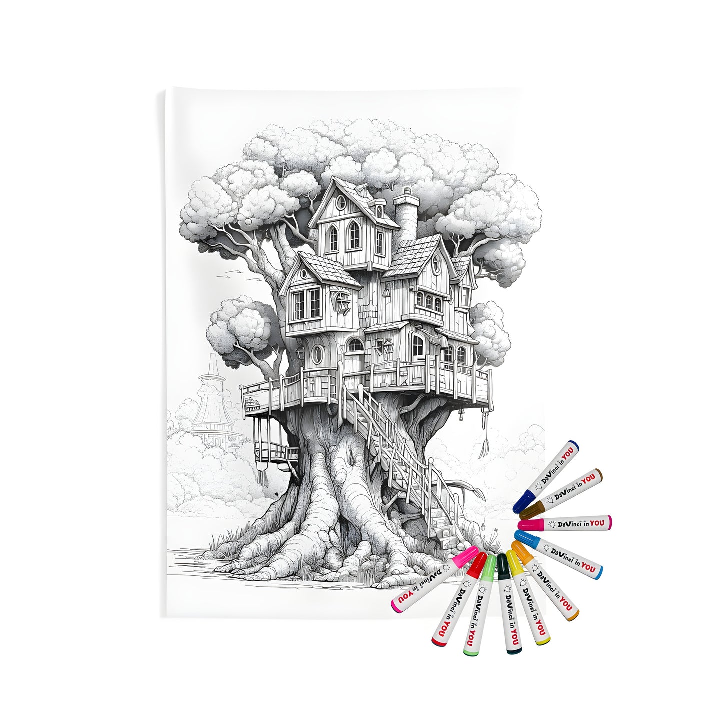 Cozy indoor wall tapestries with treehouse design, featuring a detailed drawing of a multi-story treehouse nestled in an old tree's branches. Perfect for kids' and adults' bedrooms, playrooms, or home decor.