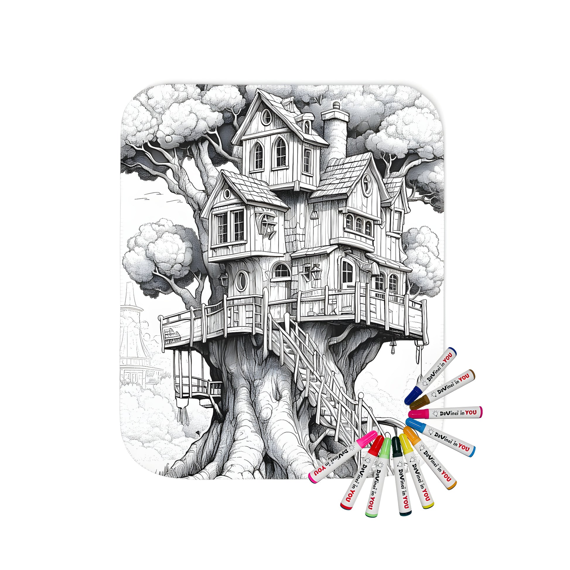 Cozy blanket with a whimsical treehouse design featuring a detailed black and white illustration of a multi-story treehouse nestled within an old tree's branches