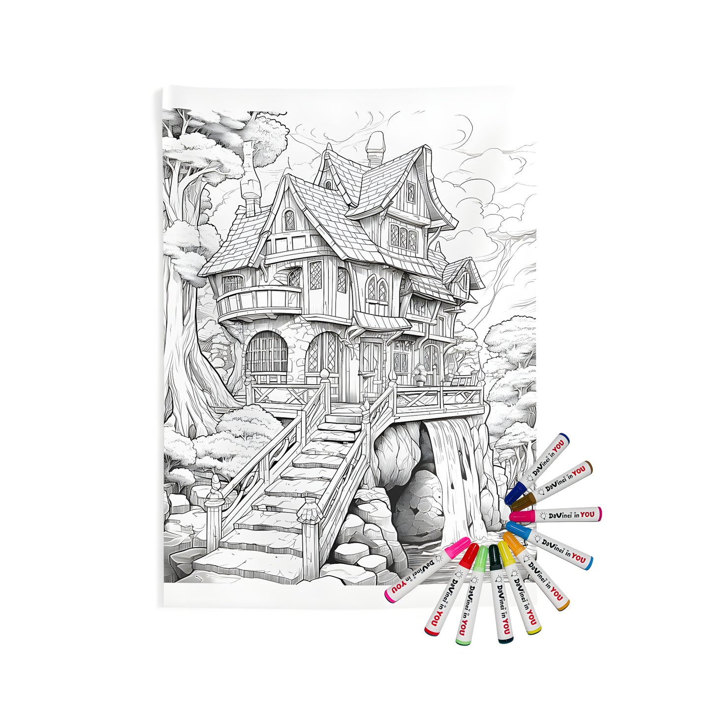 Whimsical fairy tale house wall tapestry with waterfall, stairs, and tree illustrations - home decor