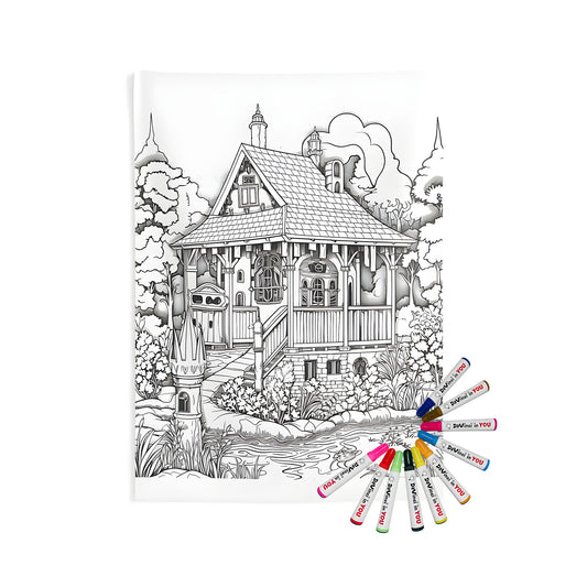 Rustic cottage wall hanging coloring kit with fabric markers