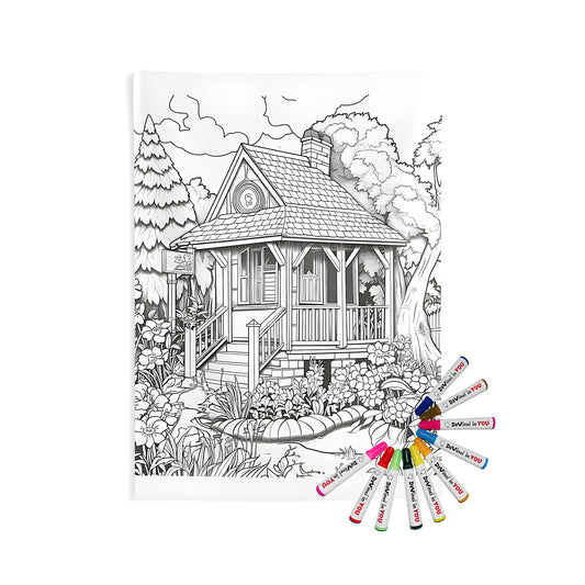 Indoor wall tapestries for sale - Cozy cabin, cottage-inspired coloring page art