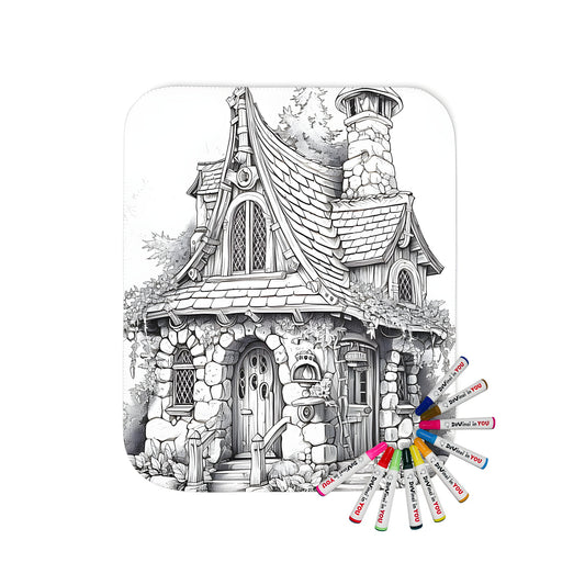 Cozy blanket with whimsical fairy tale cottage illustration featuring chimneys, ivy-covered walls, and wooden doors