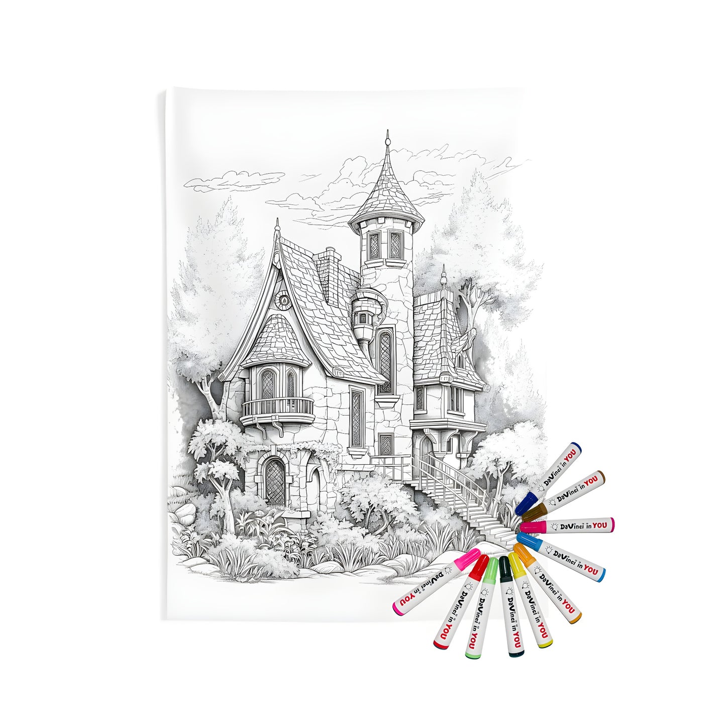 Coloring page-inspired indoor wall tapestries featuring a detailed drawing of a fantasy house with a turret, surrounded by trees and intricate architectural details.