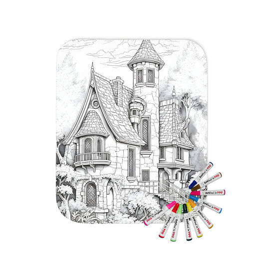 Cozy blanket with a detailed black and white castle scene, featuring a turret and surrounded by trees