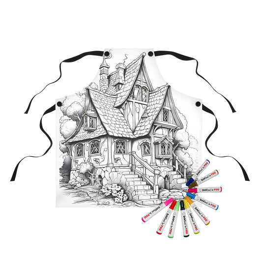 Whimsical fairy tale cottage apron design featuring a colorful illustration of a quaint stone cottage with steep roofs and trees in the background, perfect for fans of fantasy art.