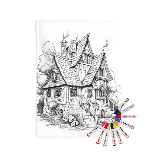 A detailed whimsical illustration of an enchanted cottage on an indoor wall tapestry