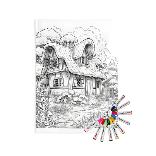 Cozy home decor, indoor wall tapestry, cottage garden scene, fairy tale illustration, coloring page art