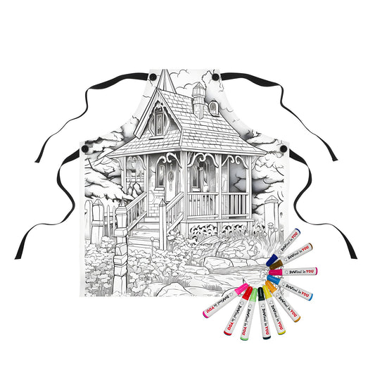 Colorful apron featuring a whimsical black and white forest cottage illustration with garden, trees, and pathway print. Perfect for art lovers, crafters, and fans of rustic charm like woodland scenes, countryside retreats, cozy cabins, or village settings.