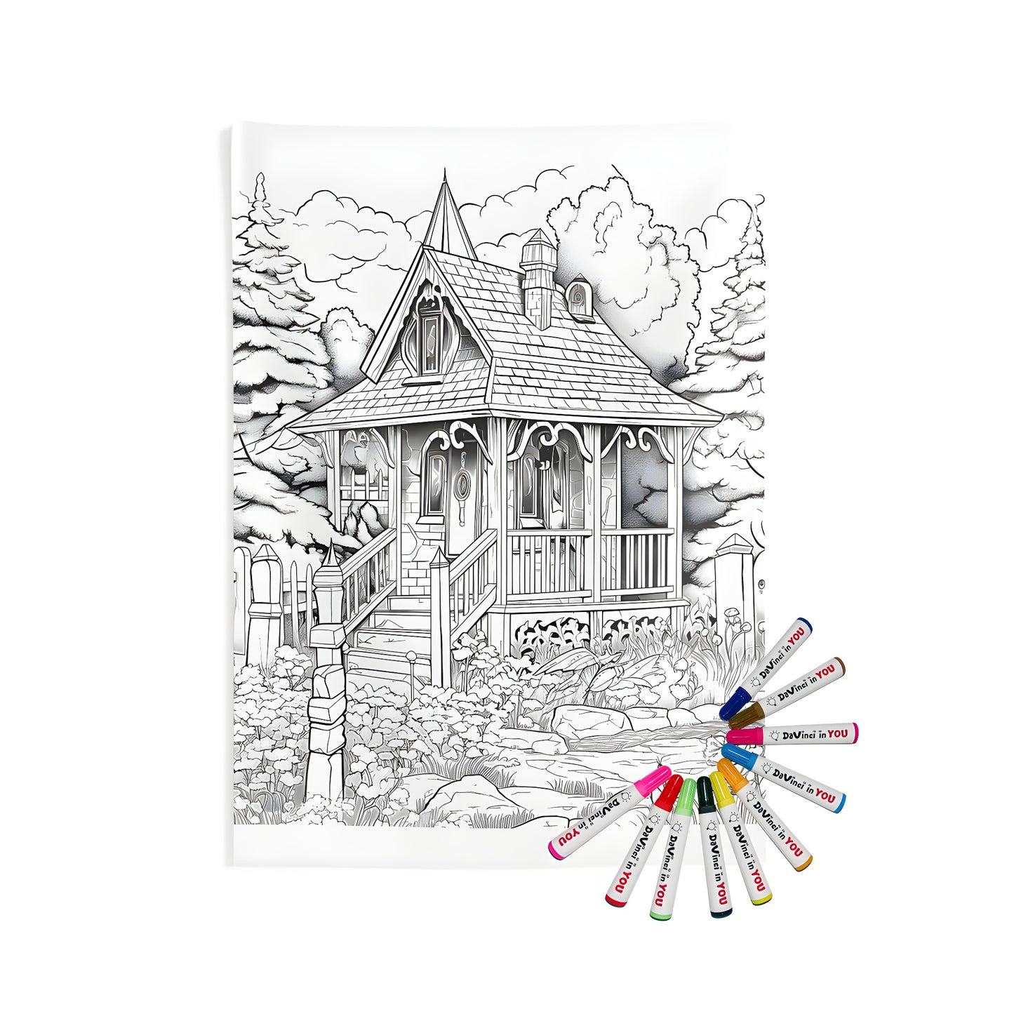 Cozy Cabin Scene Indoor Wall Hanging Art, Cottage in Forest Design, Home Decor, Relaxing Coloring Page