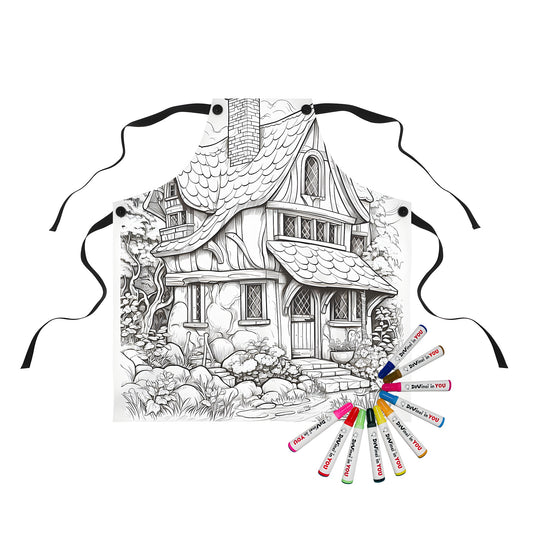 Apron featuring a whimsical cottage scene with a black and white drawing of a cozy home nestled among trees and flowers