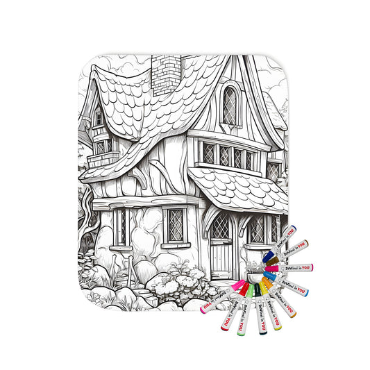 Cozy blanket featuring a charming black and white drawing of a cottage, complete with a curved roof, surrounded by lush trees and vibrant flowers. Perfect for snuggling up with your favorite coloring book markers.