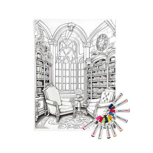 Indoor wall tapestries featuring a library interior scene with vintage furniture and detailed bookshelves, perfect for home decor or office use