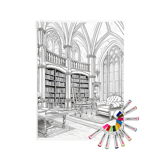 Indoor wall tapestries featuring a detailed line drawing of an antique library, perfect for home decor