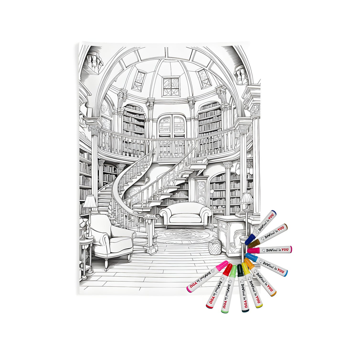 Intricate library interior wall tapestry design with bookshelves, staircase, and dome ceiling - perfect for coloring