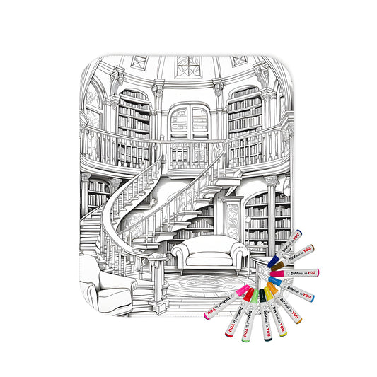 Cozy blanket with intricate book-themed design featuring library interior, bookshelves, staircase, and stylish furniture for a fun coloring activity