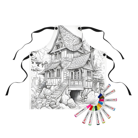 Whimsical Fantasy Cottage themed apron for adults and kids, featuring colorful illustrations of a cottage nestled in a forest.