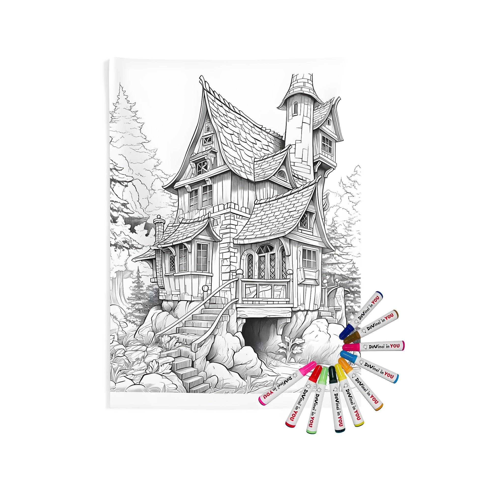 Whimsical fantasy cottage illustration on indoor wall tapestries, featuring detailed trees and rocks