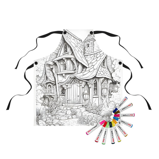 Whimsical cottage illustration apron with intricate details