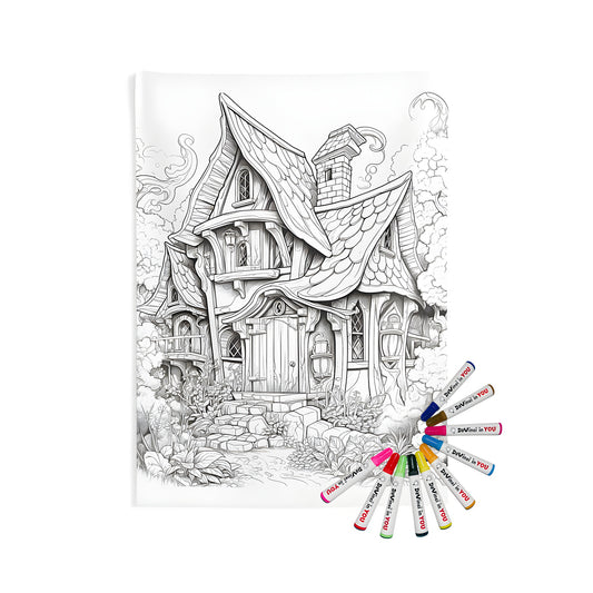 Indoor wall tapestry for coloring with fabric markers featuring a whimsical cottage illustration design with intricate details and surrounding flora