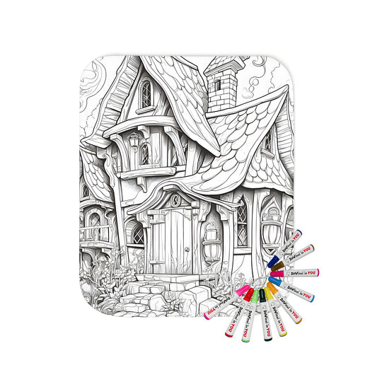 Whimsical blanket featuring an intricately detailed fantasy village scene with a cottage, complete with stone path and surrounding garden