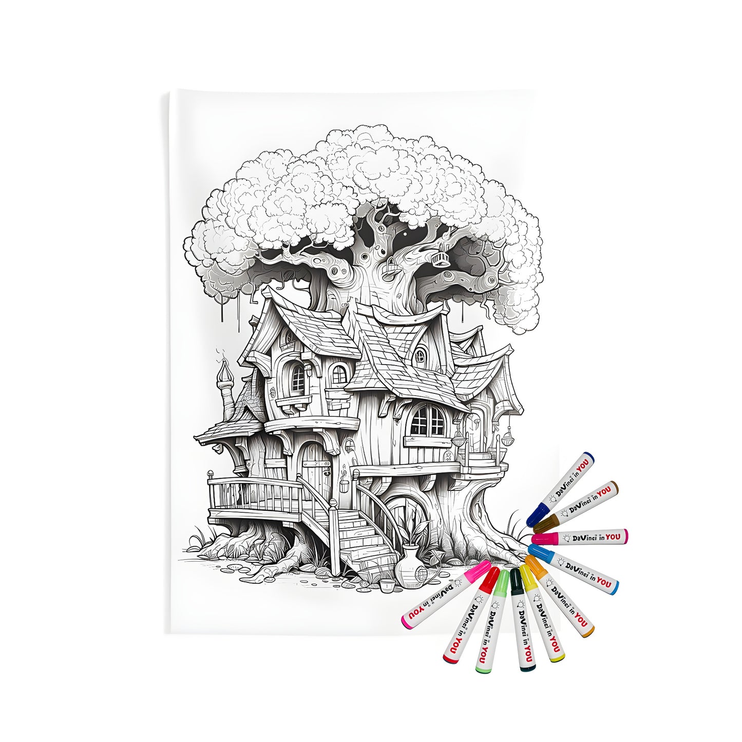 Indoor wall tapestry featuring a whimsical fantasy treehouse design with intricate details and vibrant colors