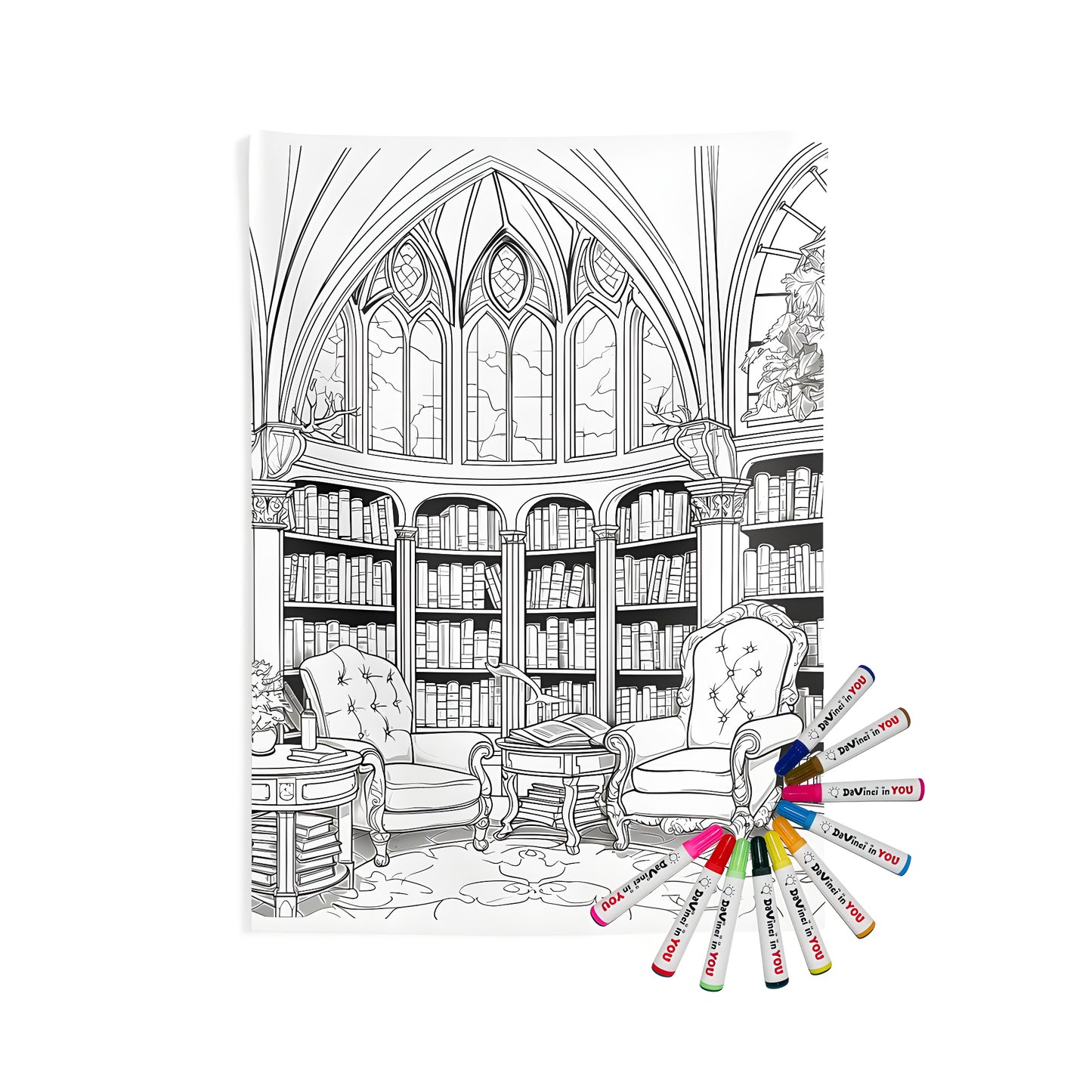 Indoor wall tapestries with vintage library decor, classic study room ambiance, and cozy reading nook designs. Includes 10 fabric markers for a fun coloring experience.