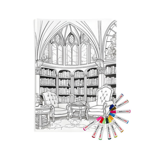 Indoor wall tapestries with vintage library decor, classic study room ambiance, and cozy reading nook designs. Includes 10 fabric markers for a fun coloring experience.