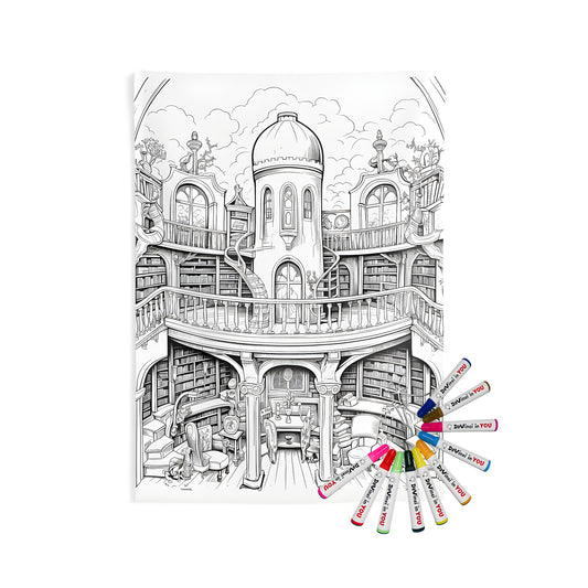 Indoor wall tapestry library decor, detailed black and white illustration of a classic study, bookshelves, dome, staircases, and vintage furniture