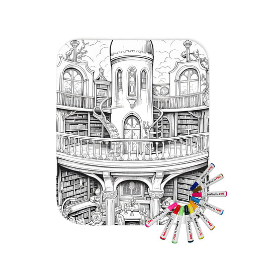 Blanket featuring a detailed black and white illustration of a grand library with bookshelves, domes, staircases, and vintage furniture