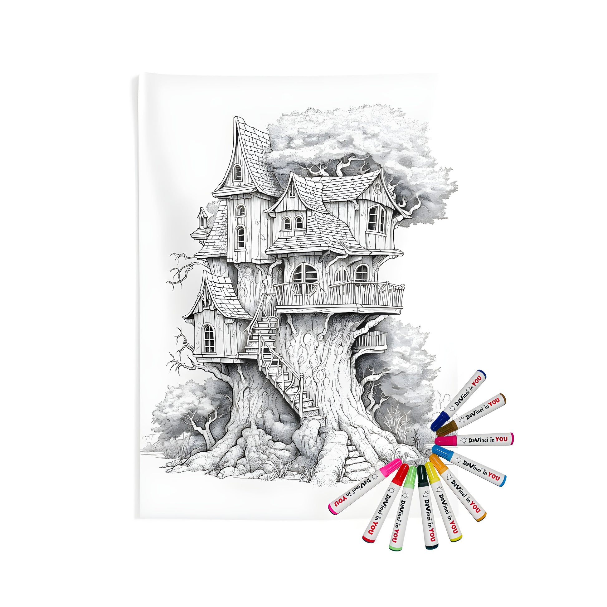 Treehouse themed indoor wall tapestries for bedroom or nursery decor with 10 fabric markers