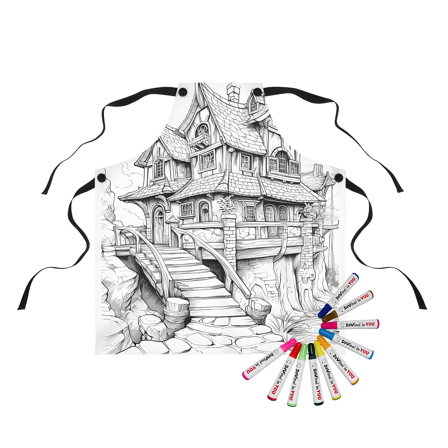 Apron featuring an enchanting medieval castle illustration with a bridge, detailed architecture, and a whimsical landscape.