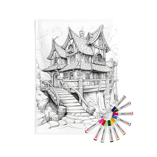 A detailed indoor wall tapestry featuring a fantasy house artwork with intricate designs and architectural features