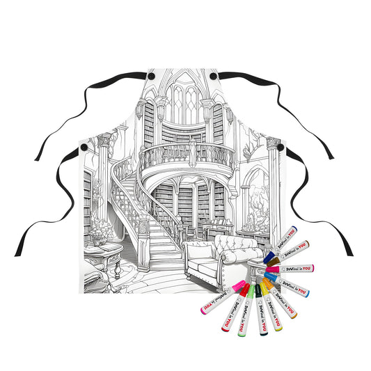 Apron featuring an intricate fantasy library design with grand staircase, bookshelves and elegant furniture