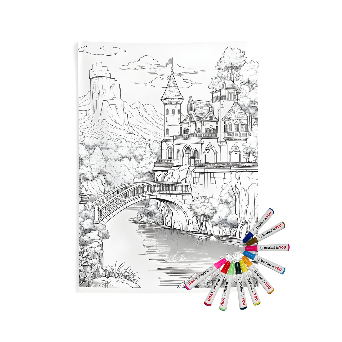 Coloring kit for indoor wall tapestries featuring detailed illustrations of medieval castles with towers, bridges over rivers, amidst mountains and trees