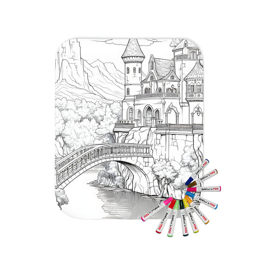 Cozy blanket with a detailed illustration of a medieval-style castle featuring towers, a bridge over a river, and surrounded by trees and mountains. Perfect for coloring enthusiasts and fans of fantasy art.