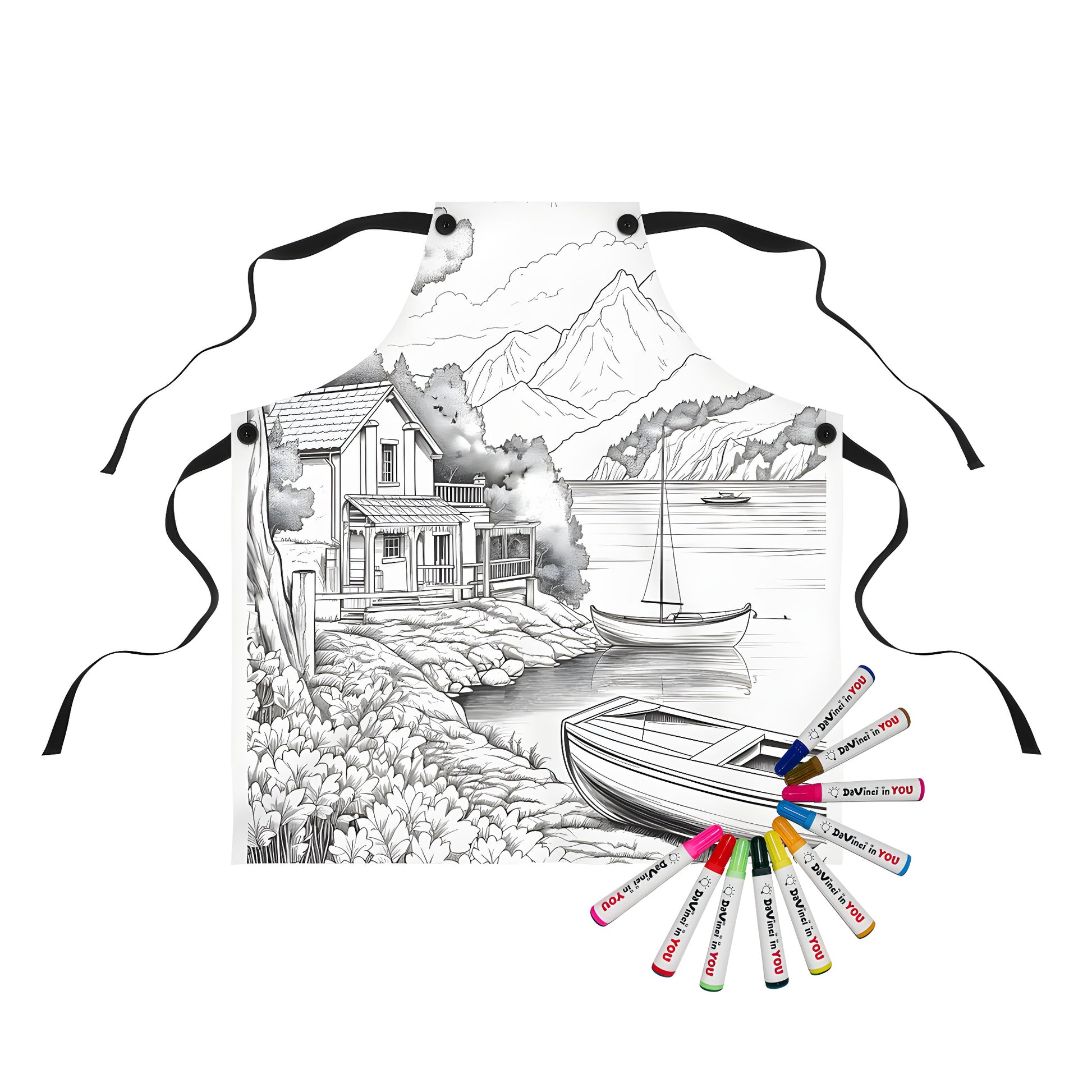 Coloring apron with lakeside scenery design