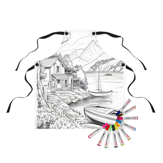 Coloring apron with lakeside scenery design