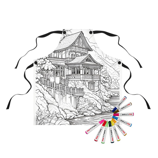 Apron with a mountain cabin coloring page design