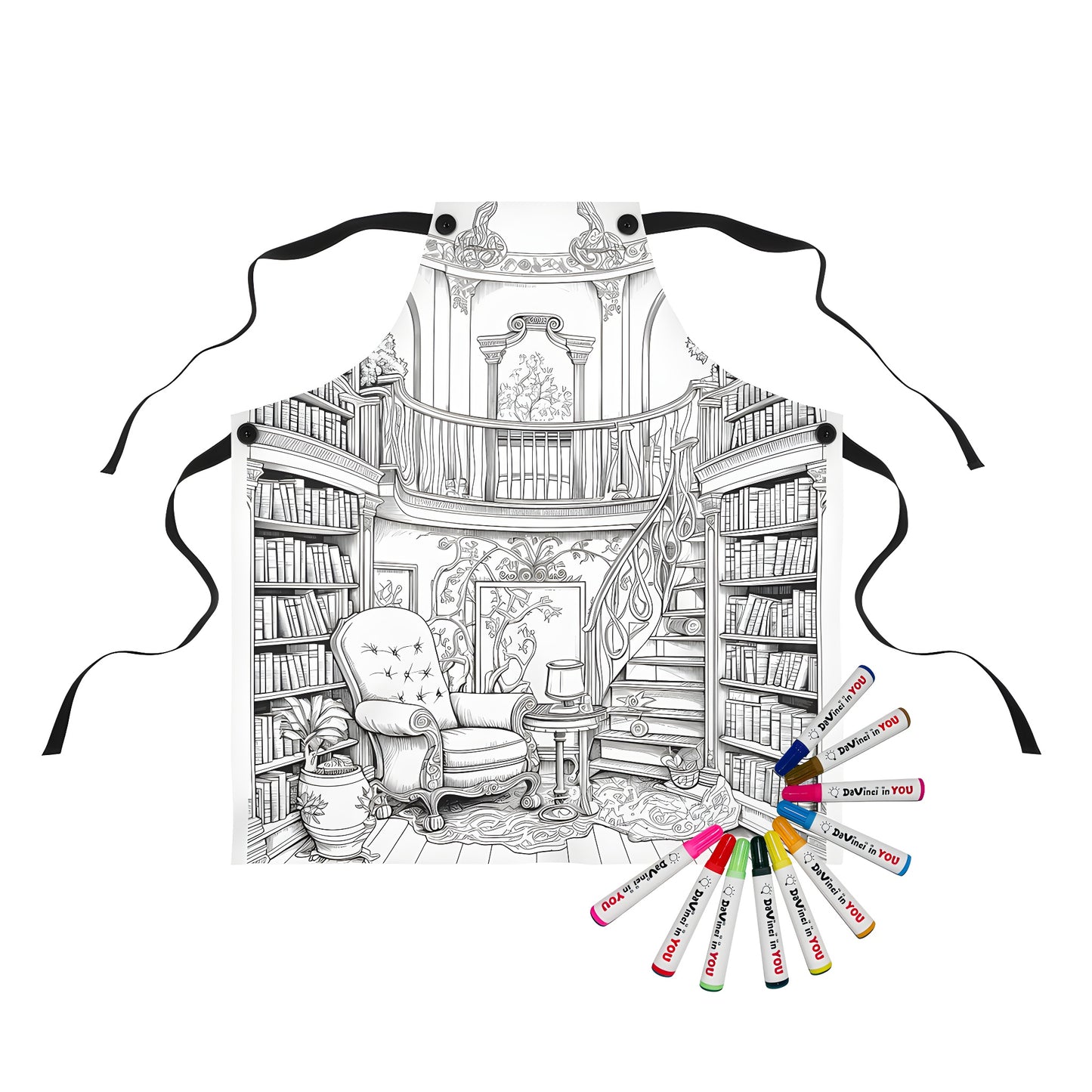 Colorful apron with an intricate library design featuring bookshelves, a staircase, and a cozy armchair - ideal for book lovers, readers, and students