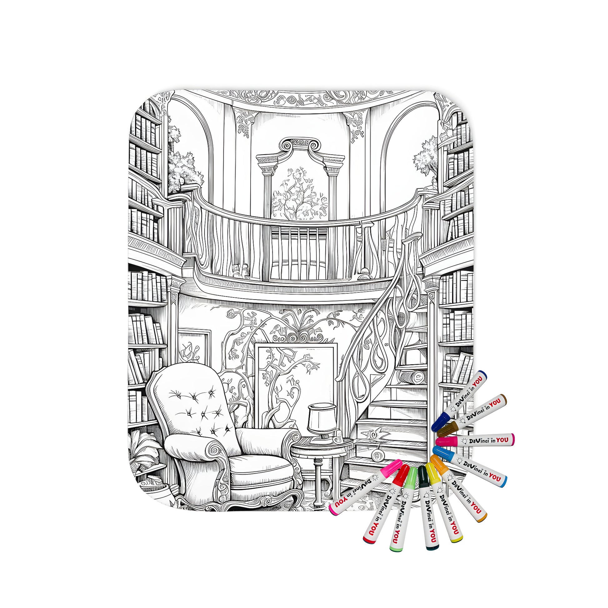 Cozy study blanket with intricate line art of a book-filled library, featuring a winding staircase and comfortable armchair