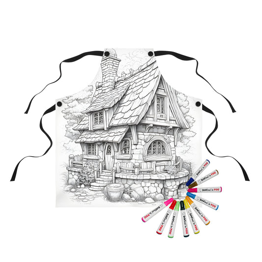 Coloring apron featuring a whimsical fairy tale stone cottage scene with chimney, trees, and garden