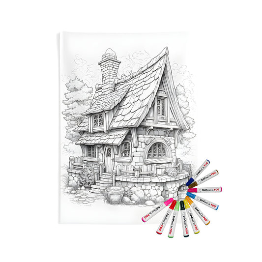 Whimsical fairy tale stone cottage wall hanging with detailed illustrations of trees and garden