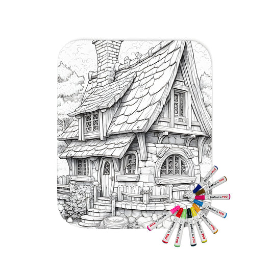 Blanket featuring whimsical illustrations of a fairy tale stone cottage, complete with chimney and surrounding garden scenery.