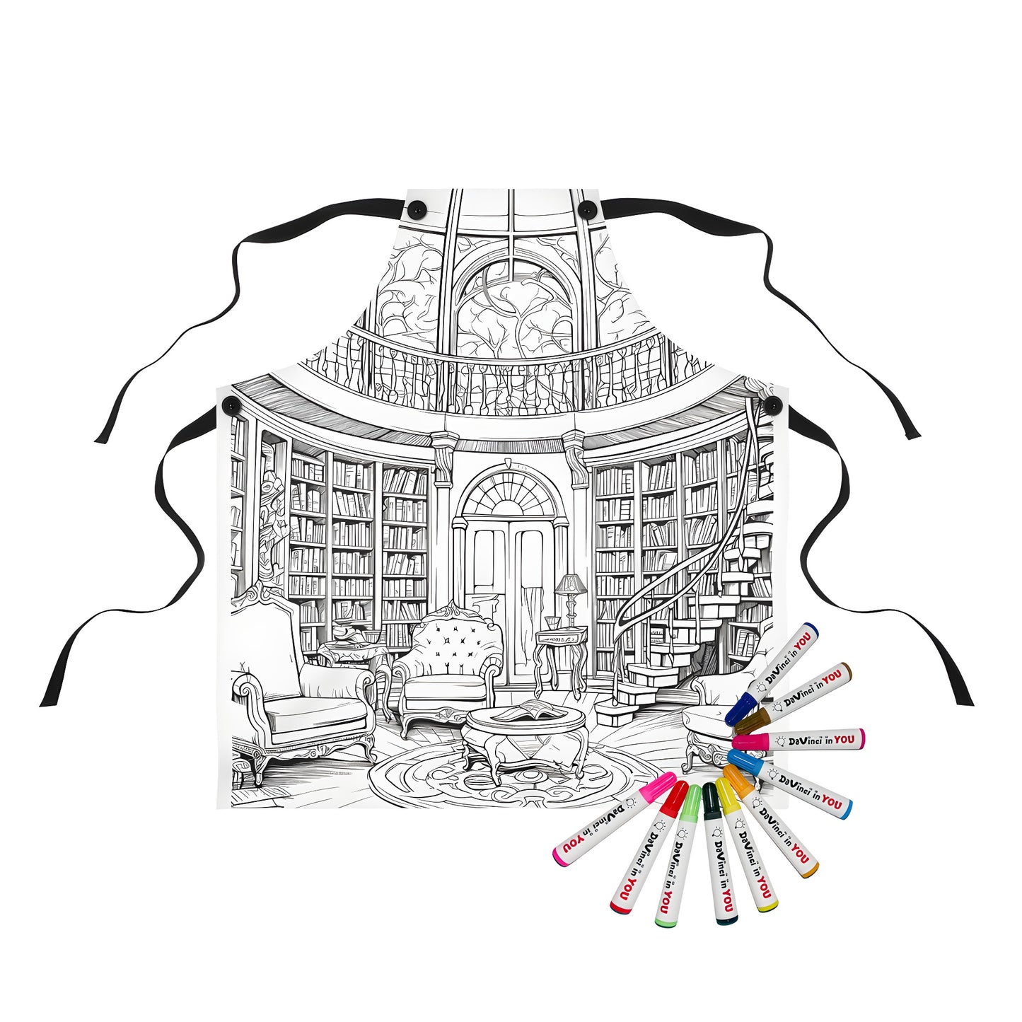 Colouring apron featuring a luxurious library design with vintage furniture and bookshelves