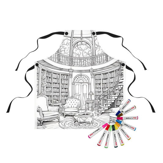 Colouring apron featuring a luxurious library design with vintage furniture and bookshelves