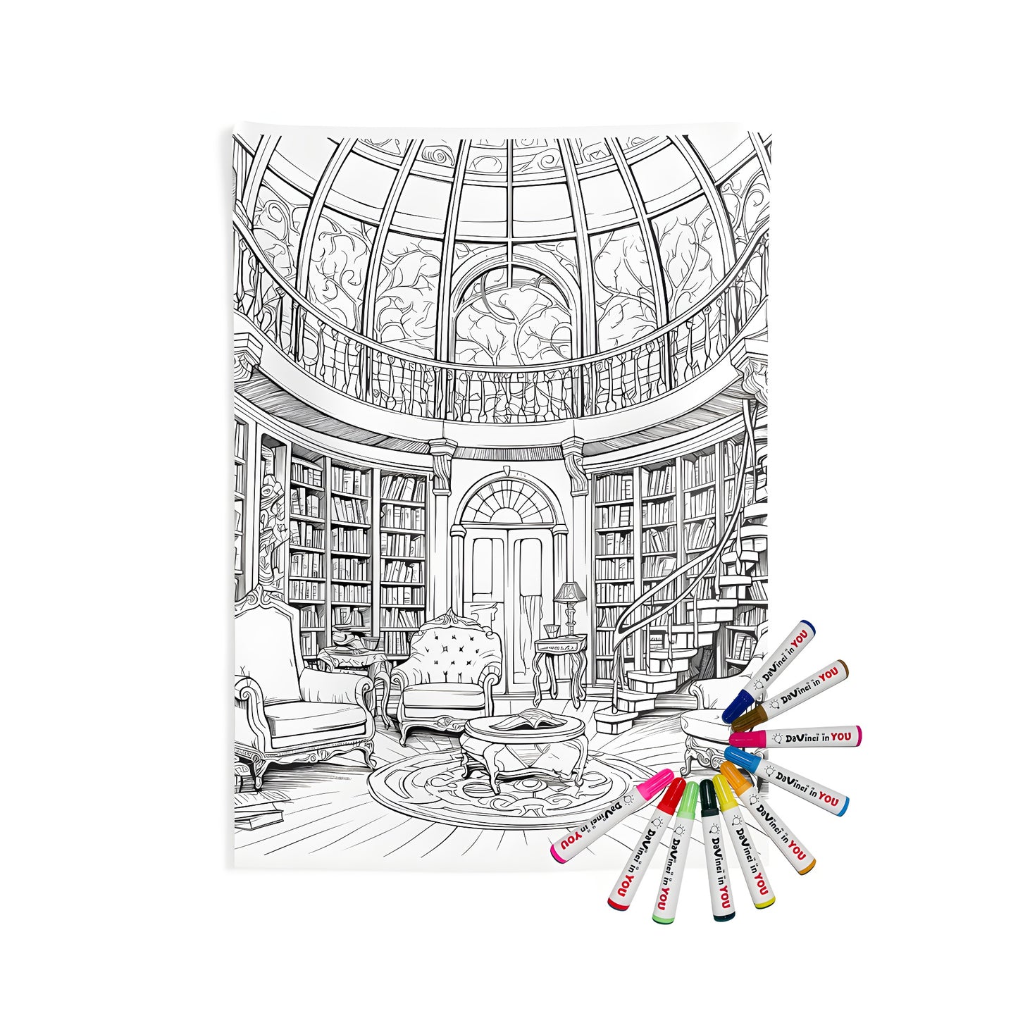 Indoor wall tapestries featuring vintage library bookshelves, richly detailed dome ceiling, spiral staircase and plush furniture for home decor enthusiasts