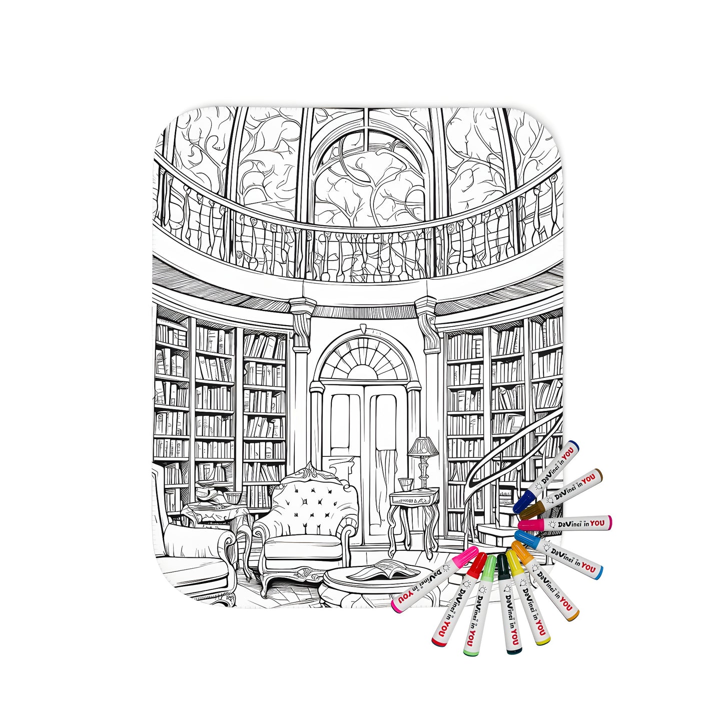 Luxury library blanket design with bookshelves, vintage furniture and dome ceiling - cozy home decor